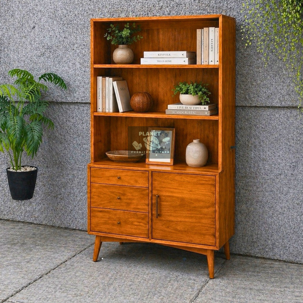 Lemari Rak Buku Kayu Jepara Modern | Lemari Hias Minimalis Aesthetic | Rak Buku Kayu Solid Multifung