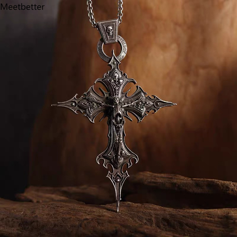 Kalung Pria Liontin Tengkorak Salib Gaya Vintage Baja Titanium