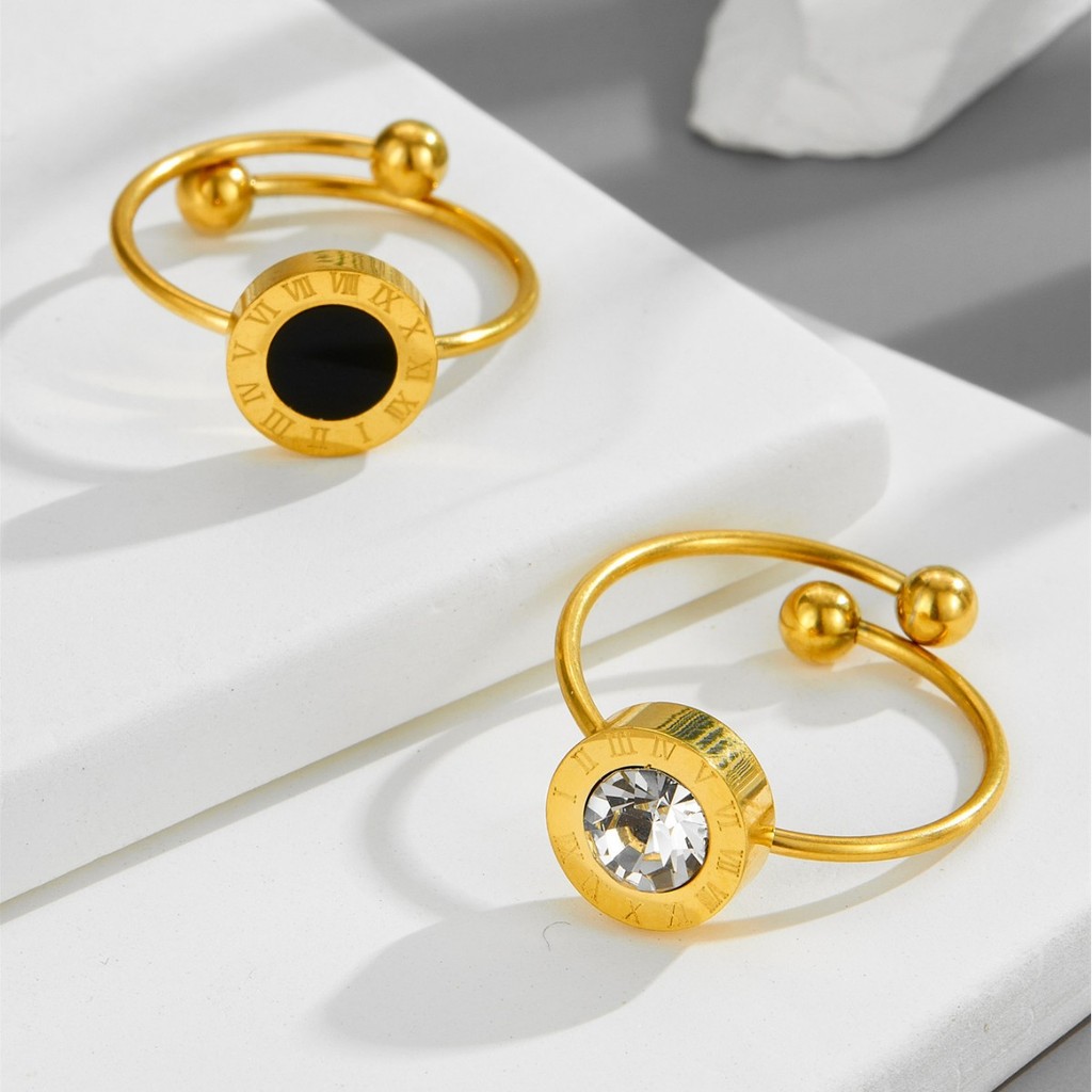 Ladamas Cincin Titanium Model Permata Dengan Angka Romawi Elegan Fashion Korea CT32