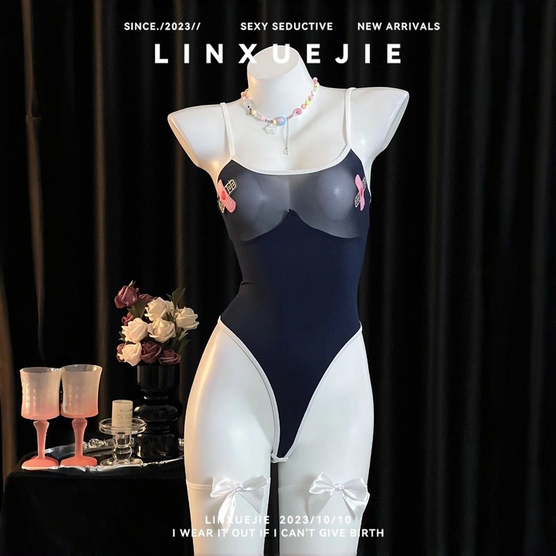 LINXUEJIE Lingerie Bodysuit Wanita Biru Transparan Sexy High Waist Body Suit + Stoking