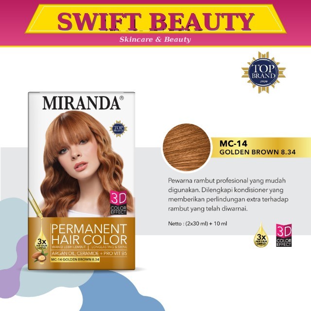 Miranda Hair Color (Cat Rambut Permanen) MC14 Golden Brown 30ml | Semir Halal Warna Coklat Emas