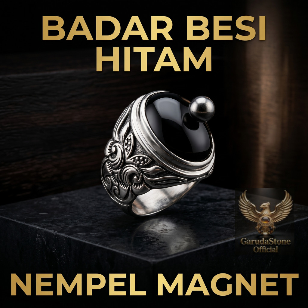 Cincin Akik Badar Besi Hitam Natural – Batu Nempel Magnet Asli | Ring Pria Klasik Berwibawa & Unik