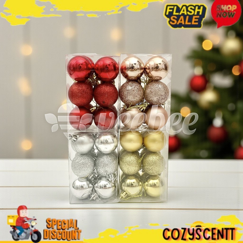 Bola Natal Plastik 4cm Isi 12pcs (V24) | Hiasan Pohon Natal | Christmas Ornament | Bola Dekorasi Mik
