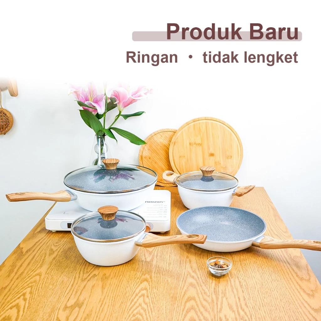 Vita Set White Set Wajan Panci Anti Lengket dengan Tutup Kaca Isi 7 Pcs Wajan Set Granit