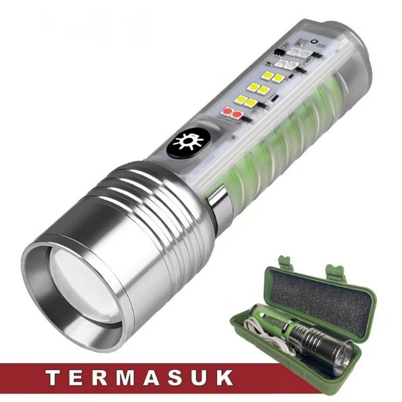 Senter Tangan Led Zoom 30w In/Out Transparan 520A 8 Mode Pencahayaan Multifungsi Flashlight Waterpro