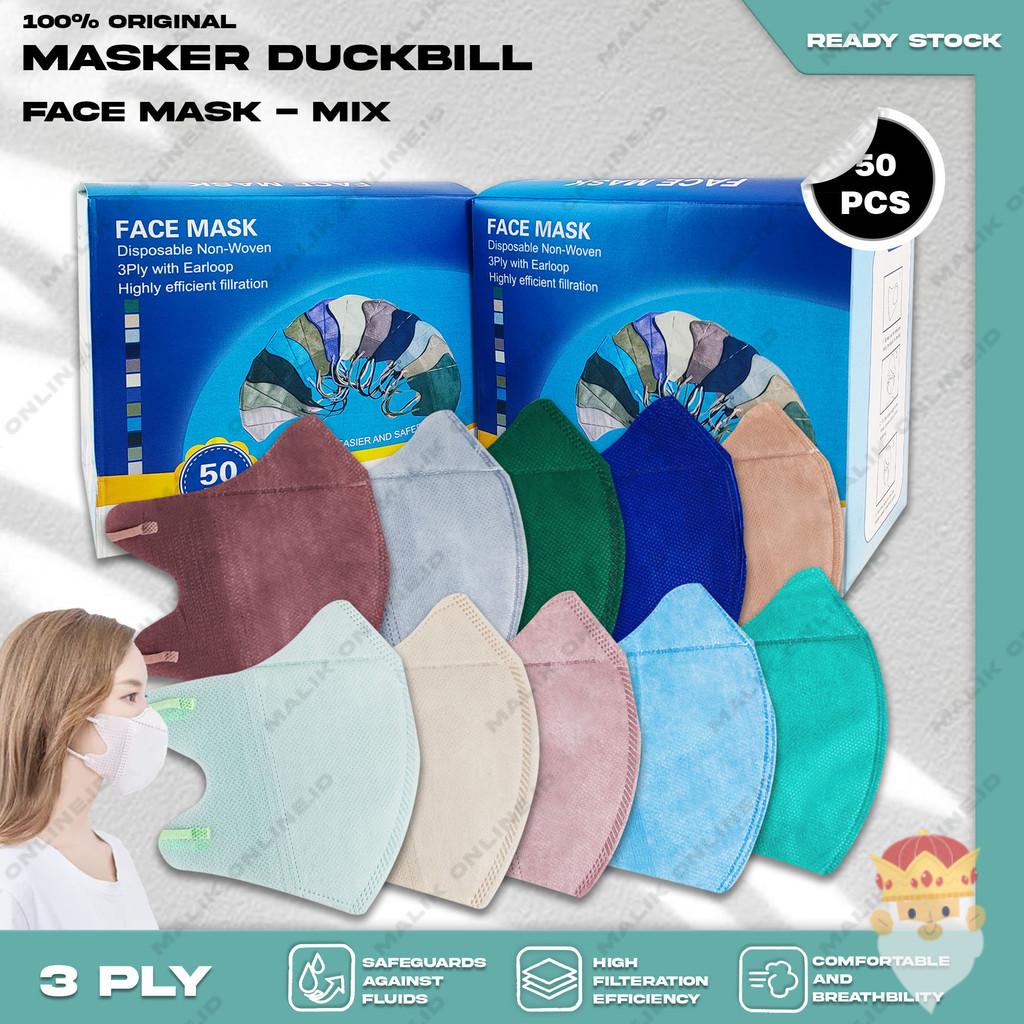 Masker Duckbil FACEMASK 3Ply isi 50Pcs Warna Mix Soft Nude Duckbill 3 Ply Earloop Surgical Mask Keme