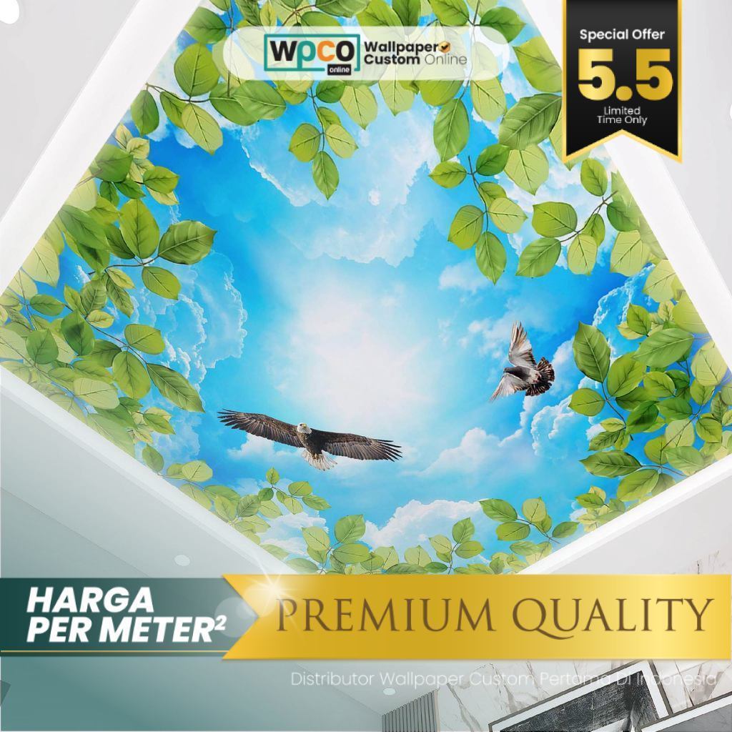 Wallpaper Plafon Ruang Tamu Motif Nature Gambar Langit Awan dan Burung Premium