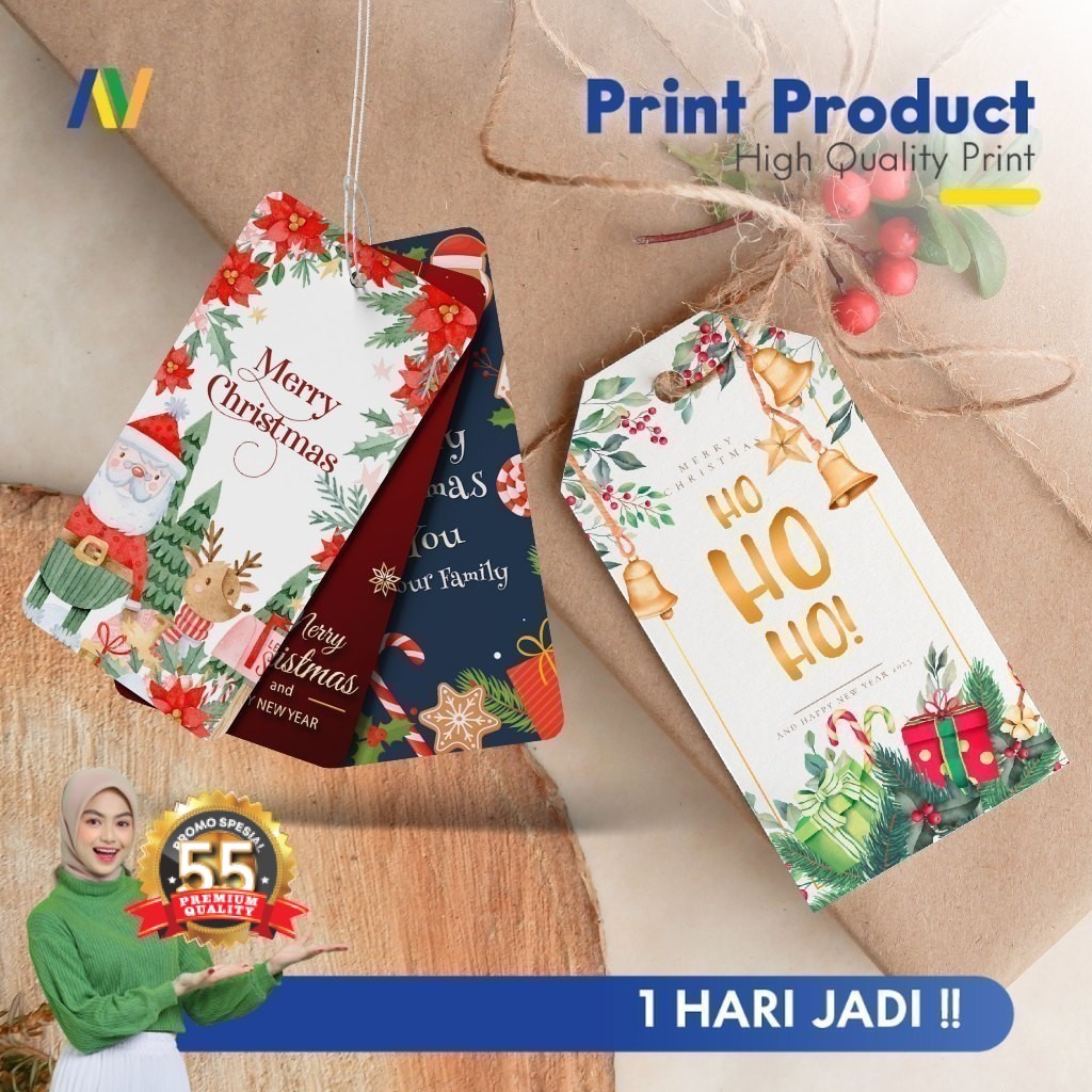 Hang Tag Natal dan Tahun Baru 2026 Atarvio Murah Hang Tag Custom Cetak Label Produk Hampers Souvenir