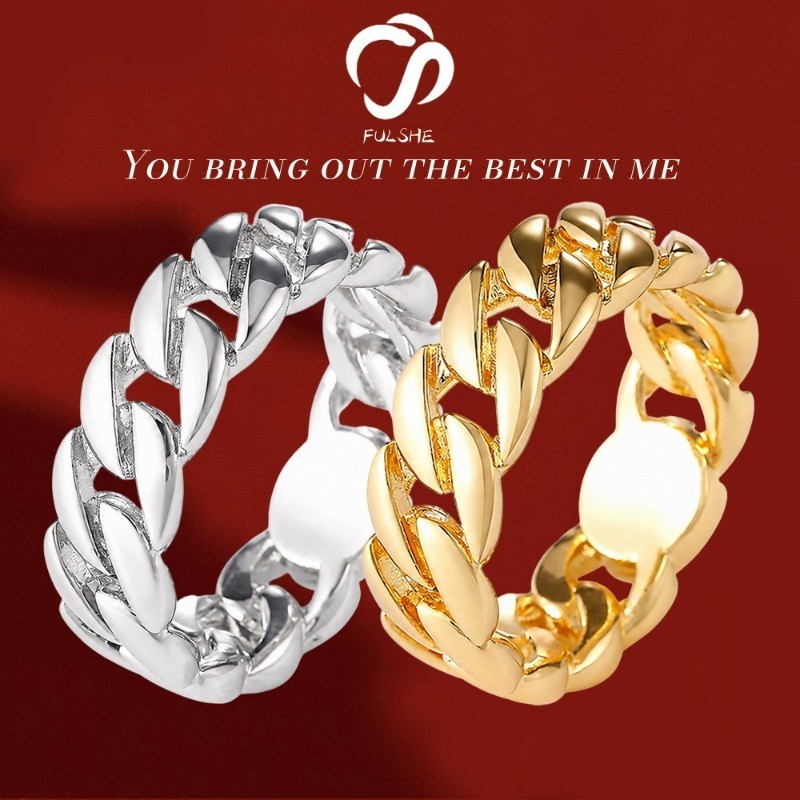 FULSHE Cincin Rantai Pria Dua Warna Lapis Emas Baja Titanium