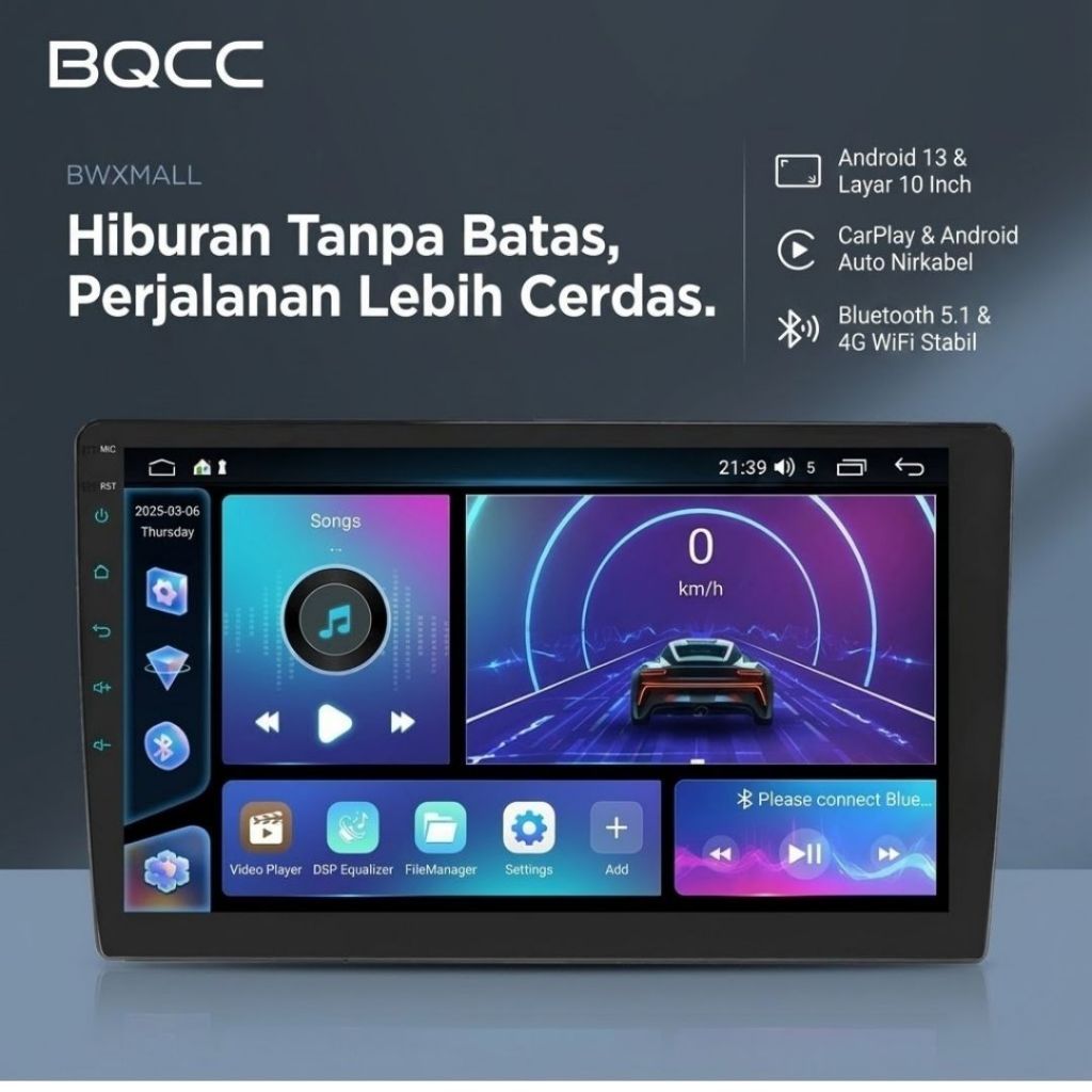 Tape Head Unit Mobil Android 13 Layar 10 Inch BQCC 9101-F 2DIN Headunit Wireless CarPlay Android Aut