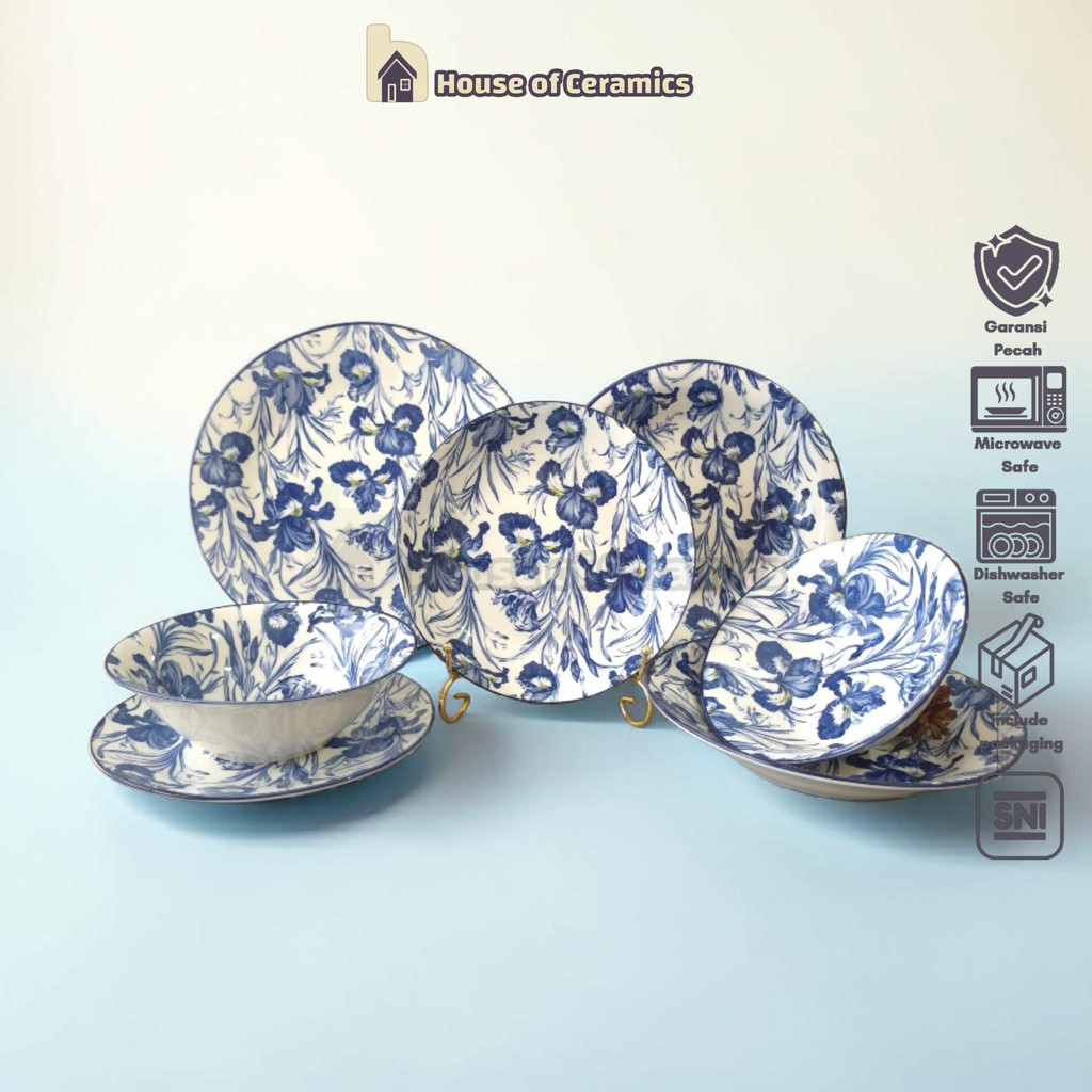 SAKATO Piring Keramik Makan Motif Bunga Iris Dinner Piring Keramik Bunga Cantik Aesthetic Bermotif