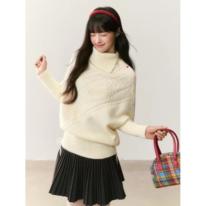Warna Putih Tulang Broken White Bahan Cable Knit Loose Detail Kancing Warna Warni Sweater Cardigan C