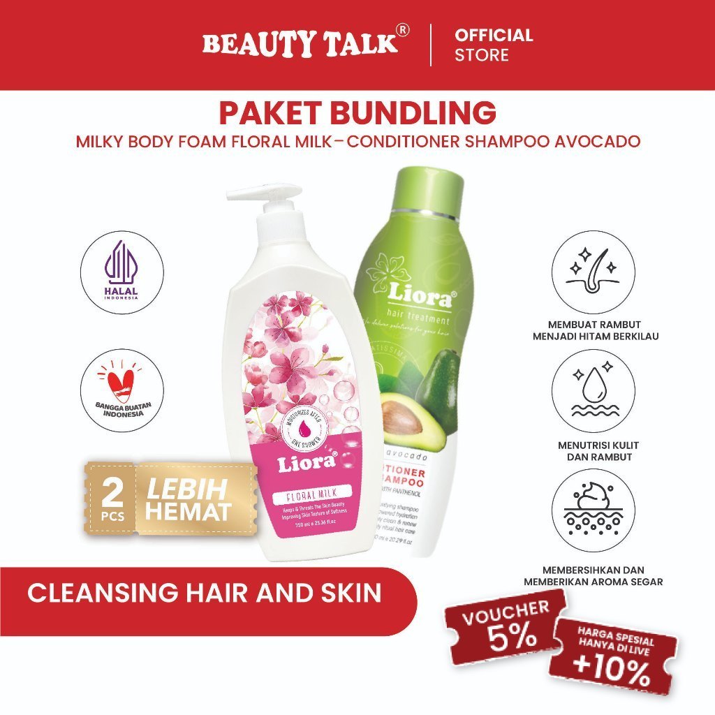 [Bundling Hemat-2 Pcs] LIORA Shampoo 600ml + LIORA Body Foam Floral Milk 750ml | Sabun Cair + Shampo