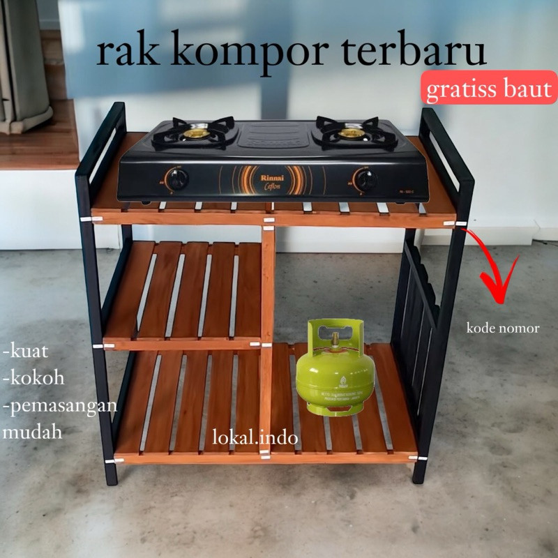 Meja Kompor Gas 3 Susun Rak Kompor 2 Tungku Rak Kayu Serbaguna