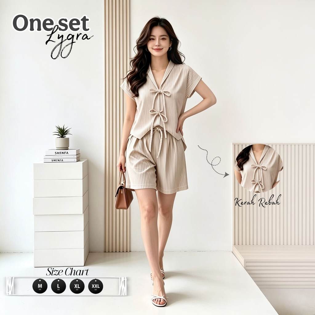 Setelan Wanita Motif Salur Setelan Salur Vest Crop Motif Stripe Lengan Pendek