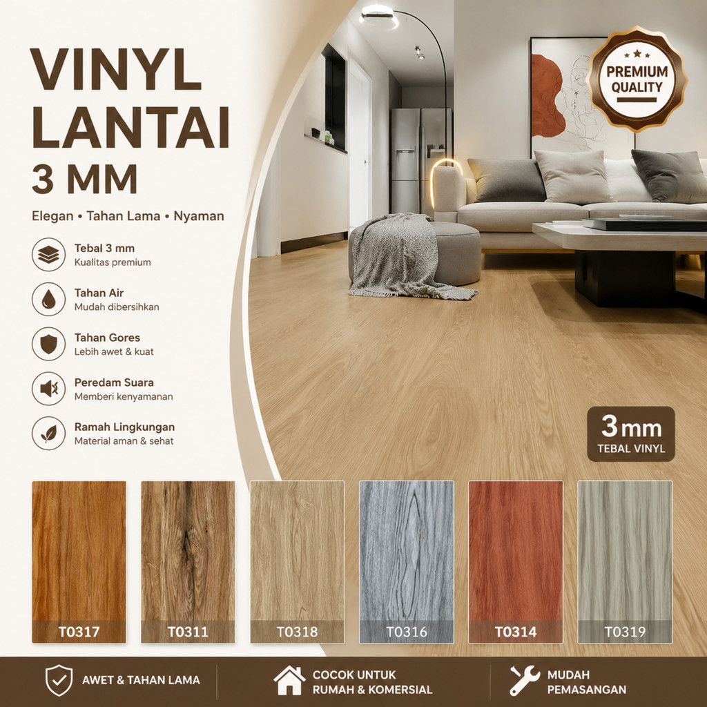 Lantai Vinyl Tebal 3 mm NONSTICKER Rona Tanpa Lem Terpisah LVT Tahan Goresan 3mm Minor Dryback Anti 