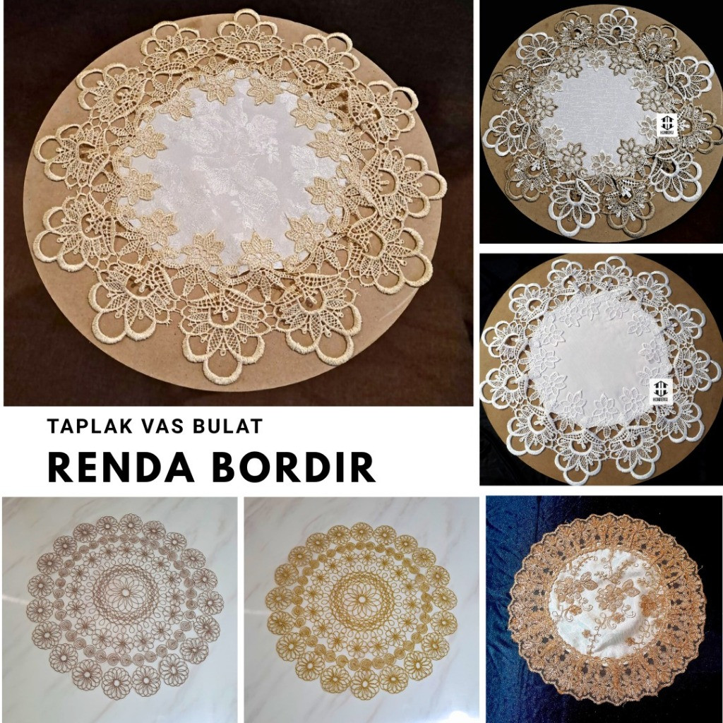 Taplak Meja Tamu Bulat Bundar Kecil Alas Vas Mewah Gold Emas Bordir Mewah