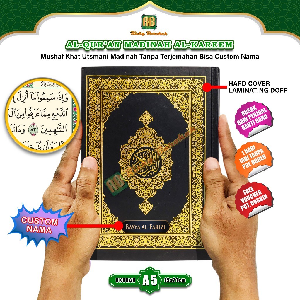 (Pena Paperclip) Alquran Mushaf Madinah Asli Ukuran Sedang A5 Al Kareem Custom Nama Al-Quran Non ter