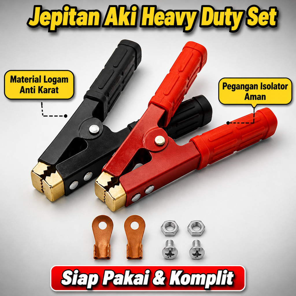 Sepasang Jepitan Aki Mobil Heavy Duty Merah Hitam dengan Konektor Kabel dan Baut Lengkap WF356