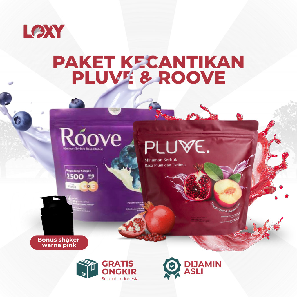 (Combo Kecantikan) ROOVE Blueberry 1 pouch + PLUVE 1 pouch Original Free Shaker