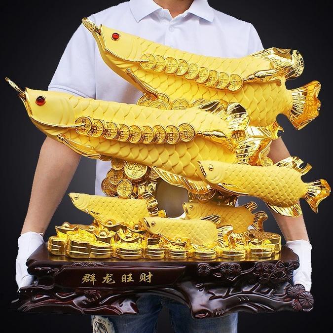 Hiasan Fengshui Ikan Arwana Meja Patung Ikan Arwana Keramik Emas