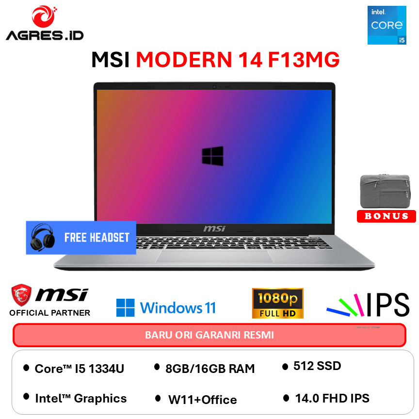 MSI MODERN 14 CORE I5 1334 - RAM 16GB 512GB W11+OHS 14.0FHD IPS BLIT -F13MG.678