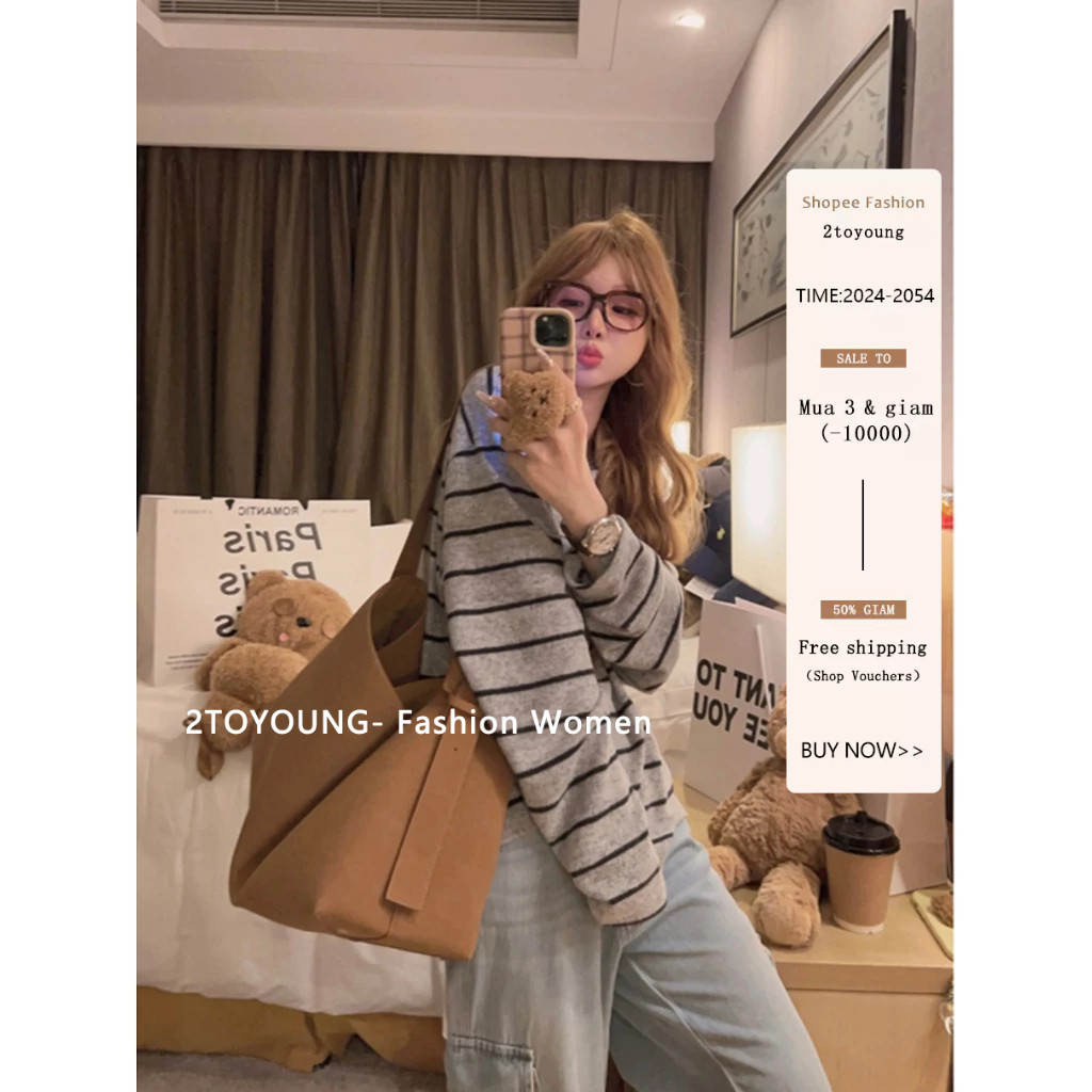 JUANXSHOP 2TOYOUNG Kaos Wanita Lengan Panjang Bergaris Korea - Abu-abu Muda