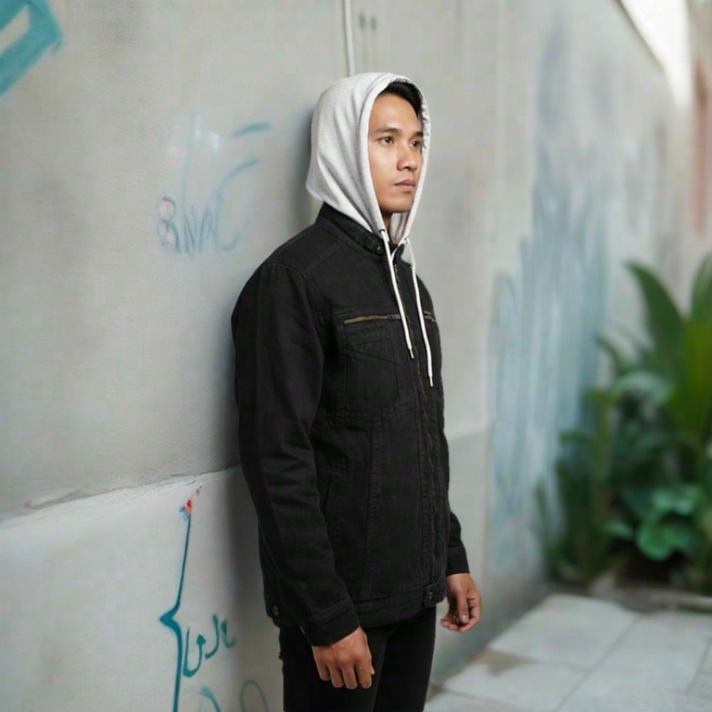 jaket jeans zipper hoodie pria wanita  hitam denim keren