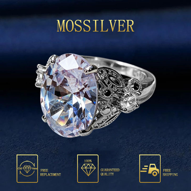 MOSSILVER Cincin kupu-kupu zirkon oval besar bertatahkan mewah dan berkelas