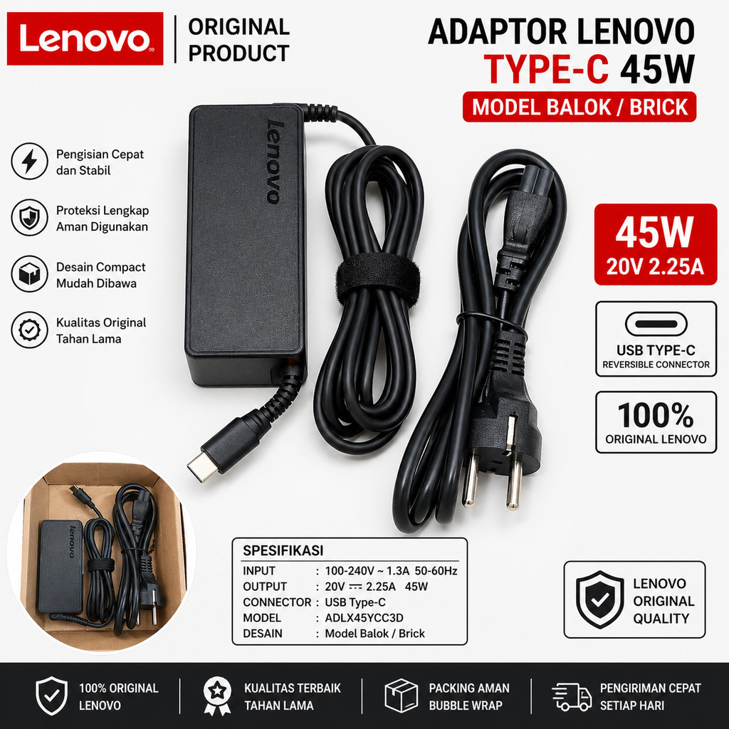 Adaptor Charger Lenovo USB Type C 45W 20V 2.25A Original untuk ThinkPad T480 T490 T580 T590 X270 X28