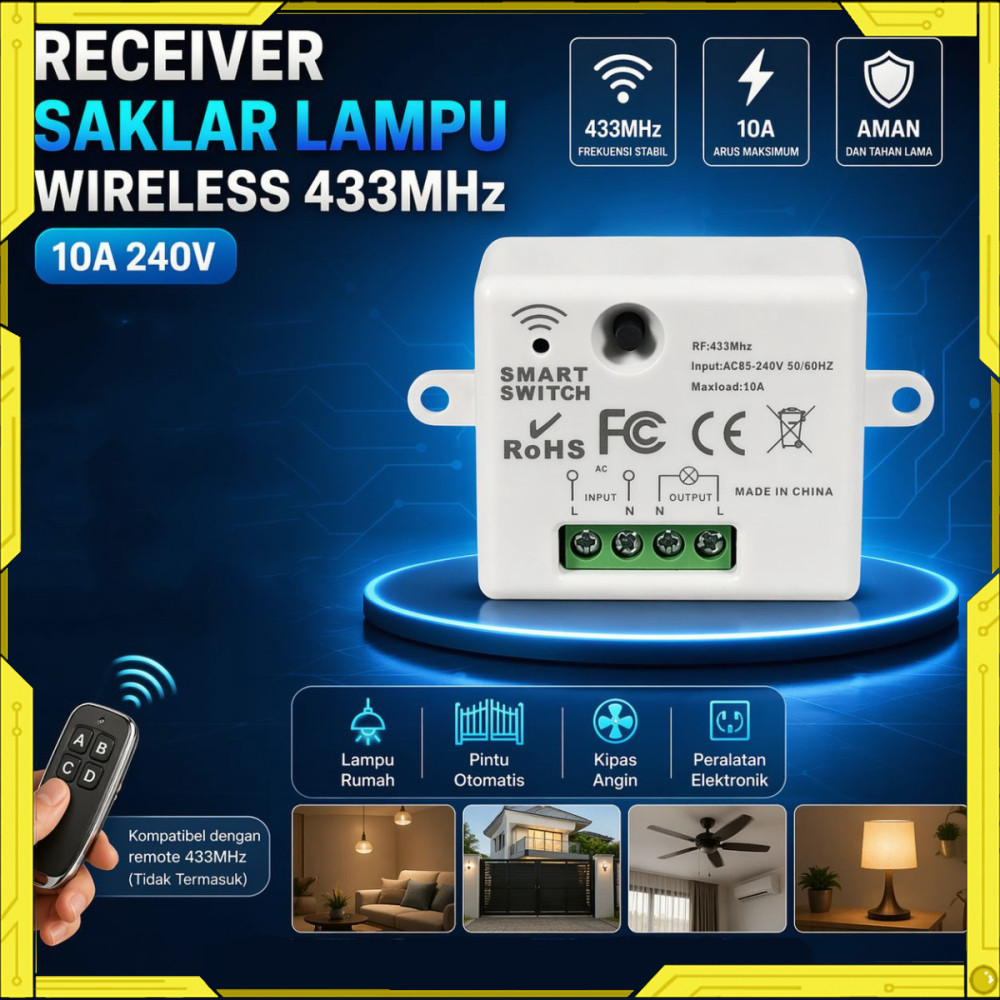 Receiver Saklar Lampu Wireless 433MHz 10A 240V - QC-44
