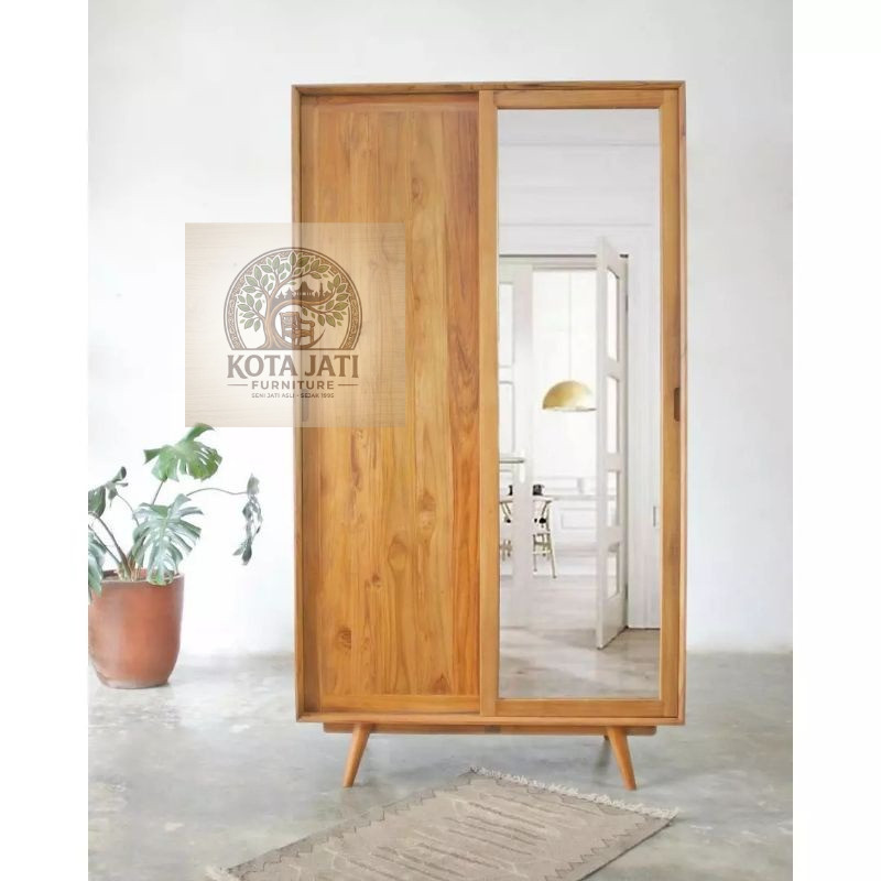 LEMARI PAKAIAN PINTU DUA SLEDING KAYU JATI / LEMARI PAKAIAN RETRO MINIMALIS