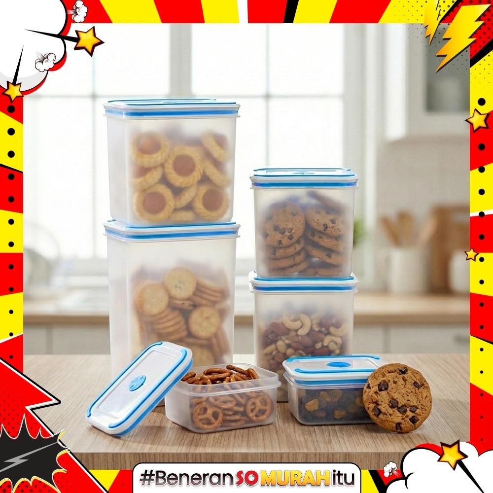 Paket 1 Set Toples Kedap Udara Bentuk Kotak Plastik Tebal Tempat Snack Bumbu Dapur Organizer