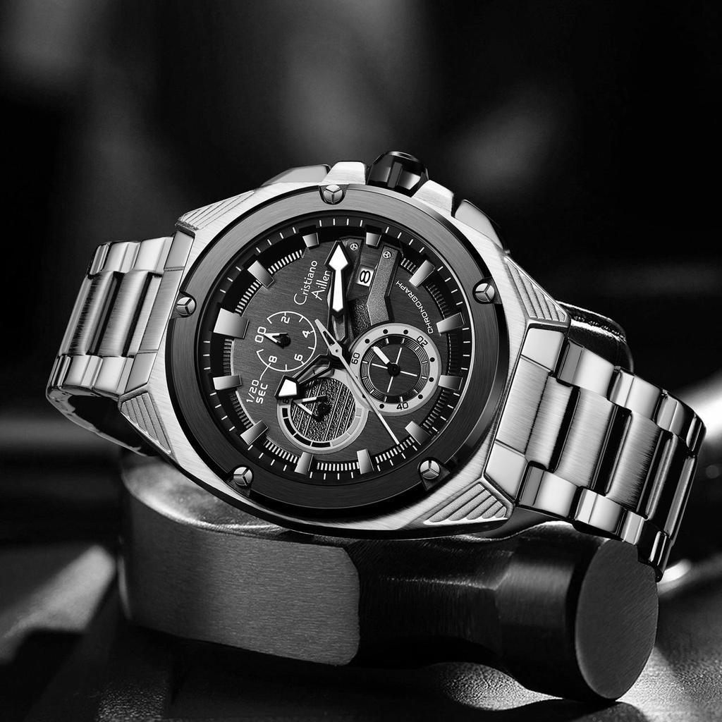 Buy 1 Get 1  Jam Tangan  Cristiano Aillen Jam Tangan Pria Analog 8909 Rantai Stainless Steel Chronog