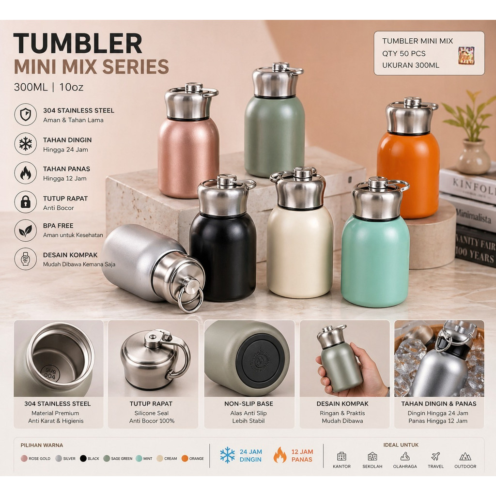 Termos Mini Aestetik 300ml Tumbler Stainless Kecil Portable Tahan Panas & Dingin Souvenir GIFT Hadia