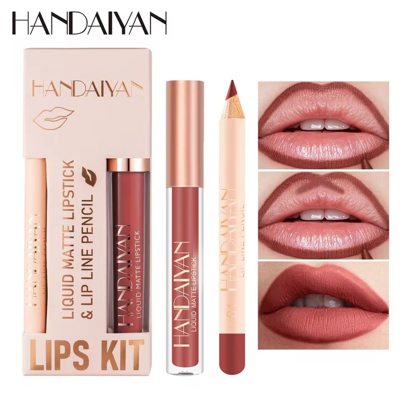 HANDAIYAN Set Lipstik 2-in-1 Wanita dengan Lip Liner Tahan Air Tahan Lama Riasan Korea Matte Finish 