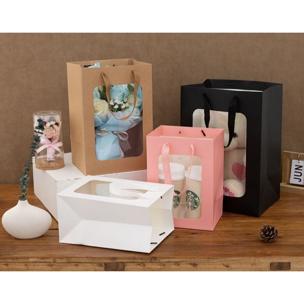 Paper Bag Ribbon Handle Transparan Jendela Plastik / Tas Kertas Hadiah Pegangan Pita Goodie Bag Gift