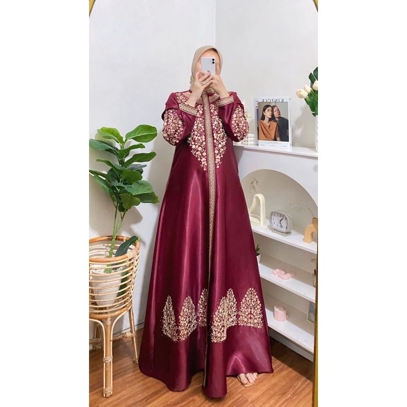 Nura Collection Official - Almina Bordir - Baju Gamis Bordir Model Terbaru - Gamis Satin Kristal Bor
