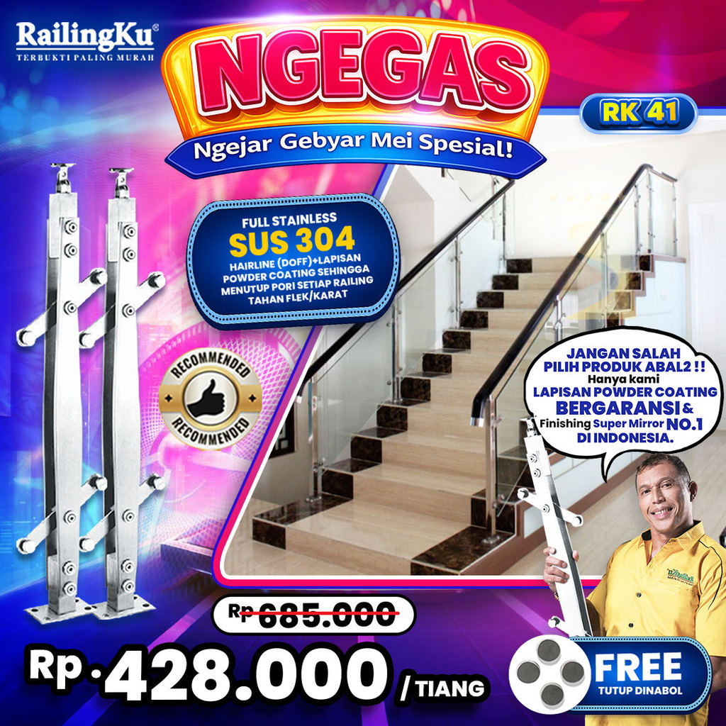 Railing Tangga Stainless Plate Minimalis Railingku [NGEGAS] RK  41 Railing Anti Karat Free Penutup D
