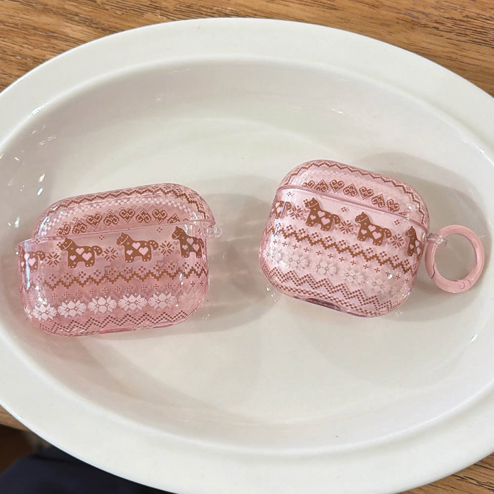 Casing AirPods Pro 2 3 Motif Kuda Komidi Putar Fair Isle Pink Cerah, Pelindung Lembut untuk AirPods4