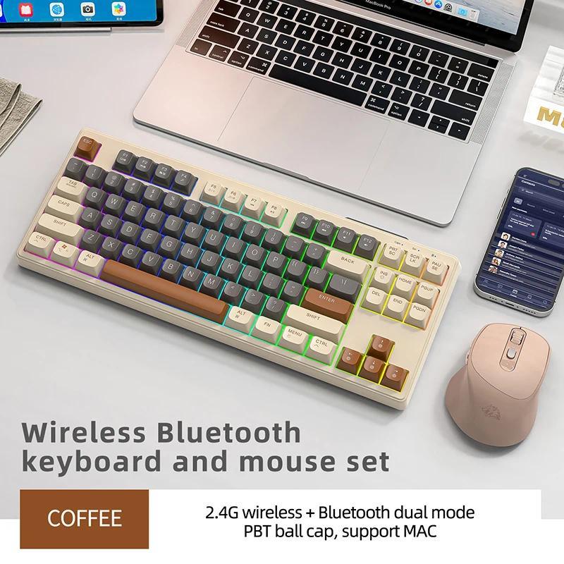 M87 Wireless Keyboard Mouse Set, 87keys Bluetooth Dual Mode Keyboard Mouse Kit with Rainbow-light RG