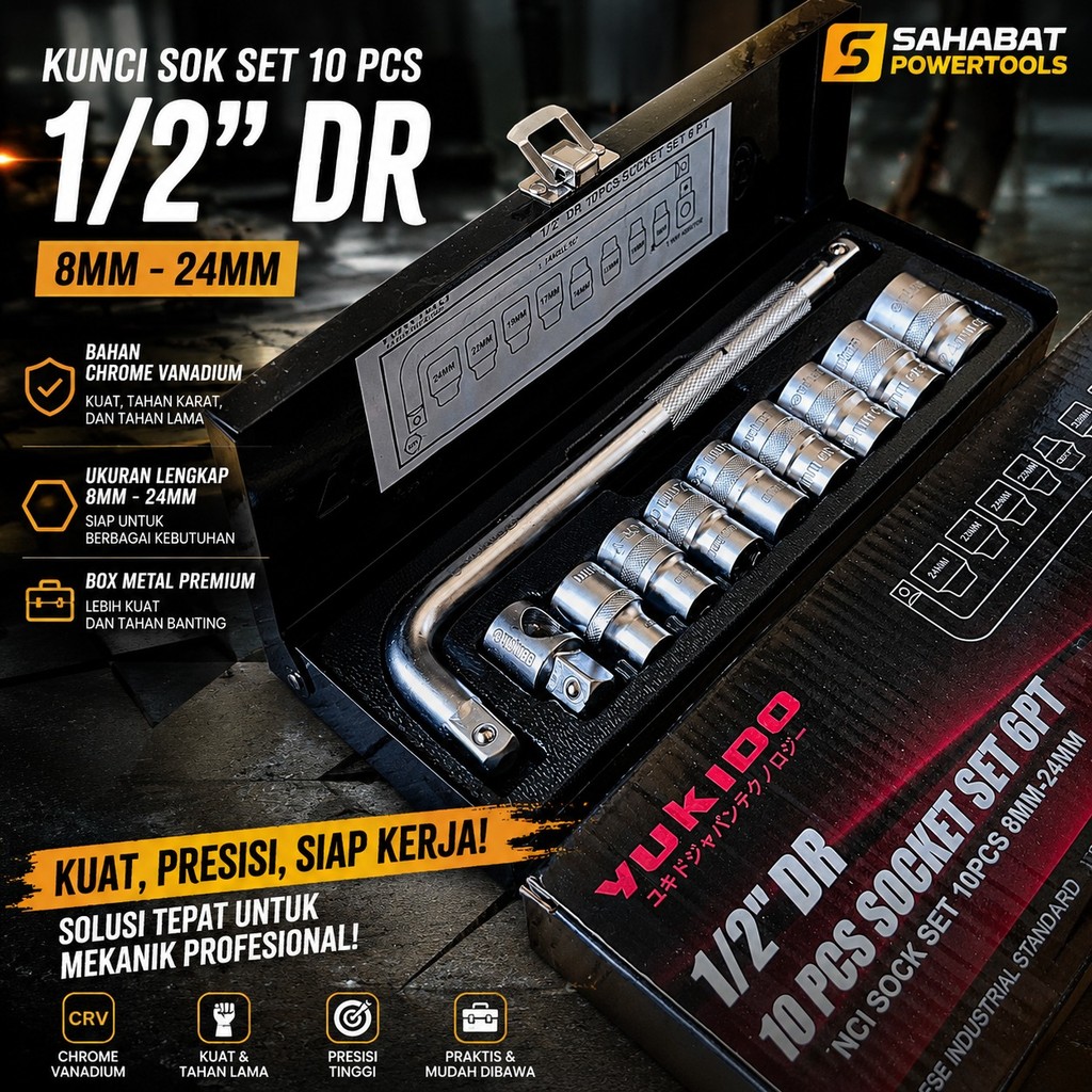 YUKIDO Kunci Sock Set 10 pcs 1/2 inch 6PT 12PT (8-24 mm) Box PVC // Kunci Sok / Hand Socket Set Teki