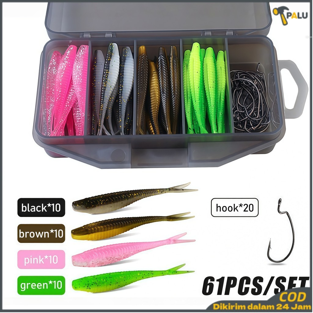 61Pcs Umpan Soft Lure 1 Set Box, Kotak Umpan Pancing Ikan / Umpan Pancing Tiruan Bentuk Ikan Bahan K