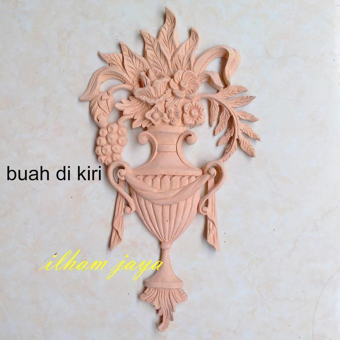 ornamen ukir kayu jepara tempel motif bunga untuk pintu lemari dinding - mentahan, buah kanan