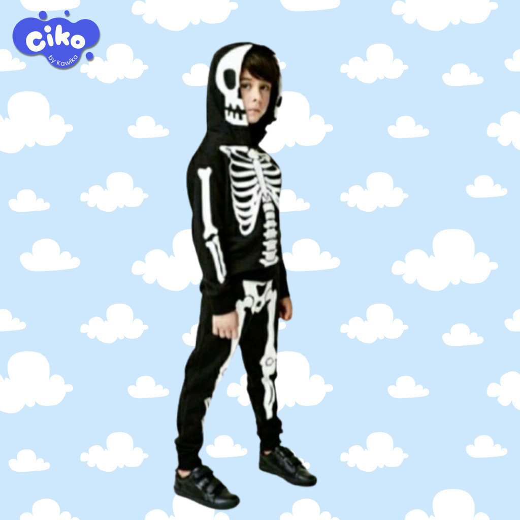 Kostum Halloween Anak | Sweater Setelan Hoodie Tengkorak Halloween Skeleton Anak Usia 2-10 Tahun