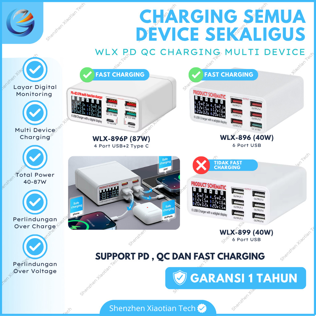 WLX-896 896P 899 6 Port USB Fast Charger with LCD Display + QC 3.0 40W Fast Charging untuk HP Tablet