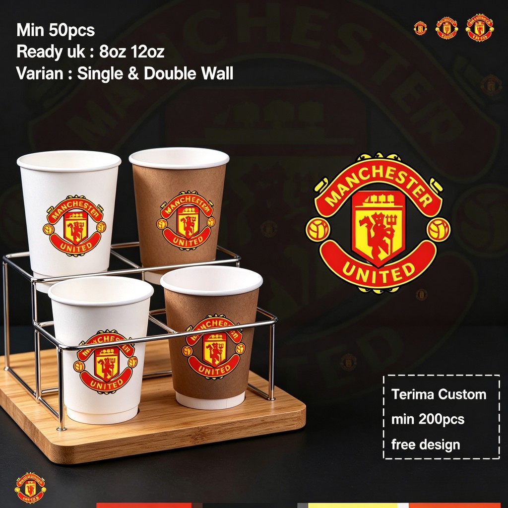Paper Cup Printing Logo Manchester United 8oz 12oz | Single & Double Wall | Tahan Panas & Dingin | F