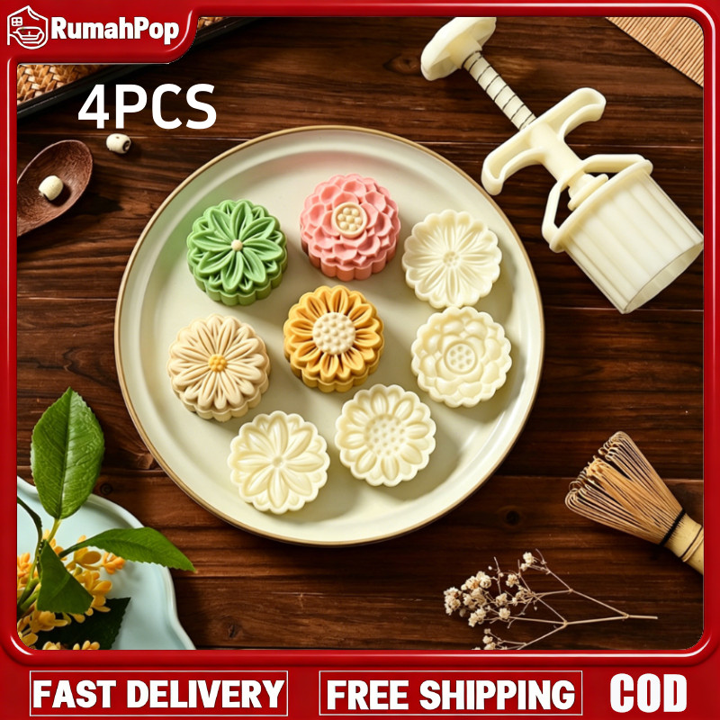 Cetakan Kue Bulan 50g 1 Set 4 Motif - Cetakan Kue Bulan, Kue Kering & Kue Hijau Mungil Anti Lengket