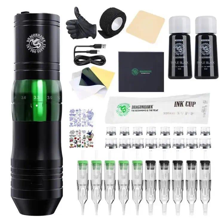 Dragonhawk AMOR Kit Mesin Tato Nirkabel dengan 7 Jenis Motor Coreless, Jarum Tato Cartridge dan Tint