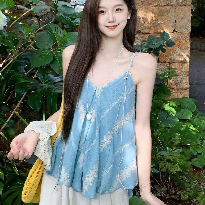 2026 New Summer Cool and Sexy Blue V-Neck Camisole for Women, Pleated Loose Backless Sleeveless Tie-